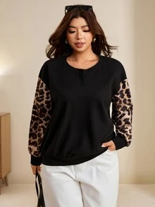 Edennvi Plus Size Women's New Fashion Autumn/Winter Minimalist Crew Neck Textured Fabric Sleeve Patchwork Leopard Print Casual Sweatshirt - Black - View 5