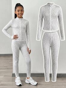 SHEIN Tween Girls Autumn/Winter Grey Kids Leopard Print Patchwork White Knit Sports Set 2pcs Jacket Cardigan + Pants Casual Comfortable Versatile Daily Wear - Grey - View 1