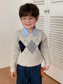DAZY Infant/Toddler (Boys) Round Neck Diamond Grid Korean Style Long Sleeve Sweater - Grey - View 6