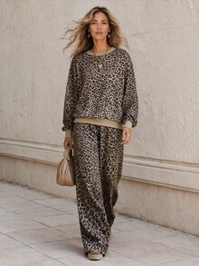 Faunlyn Women's Leopard Print Long Sleeve Top And Loose Pants 2 Pieces Set - Brown - View 1