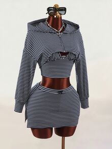 Mistrie Women's Striped Zipper Front Cropped Hoodie, Cropped Halter Top And Skirt Set - Multicolor - View 5