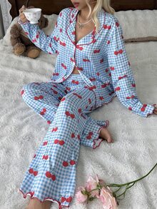 SHEIN 甜美韓系格紋櫻桃印花女款睡衣家居服 長袖長褲套裝 - 藍色 - 查看 5