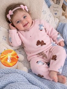 2pcs Baby Girl Comfortable Soft Plush Pink Cute Bear & Pony Animal Print Crew Neck Long Sleeve Pants Pajama Set - Pink - View 2