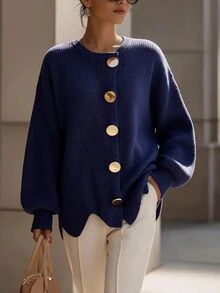 Omancia Autumn/Winter Asymmetrical Hem Metal Single-Breasted Knit Cardigan - Navy Blue - View 3