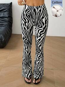 SHEIN EZwear Women's Zebra Print Casual Daily Wear Flare Pants - Black and White - View 2