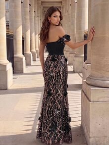 Poshira Women's Sequin Embroidered Patchwork Wedding Dress Satin Strapless Long Formal Evening Gown (Heavy Workmanship Style) - Navy Blue - View 2
