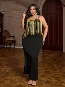 NU&NOW Plus Size Elegant Glamorous Gold Tassel Patchwork Spaghetti Strap Maxi Evening Gown - Black - View 4