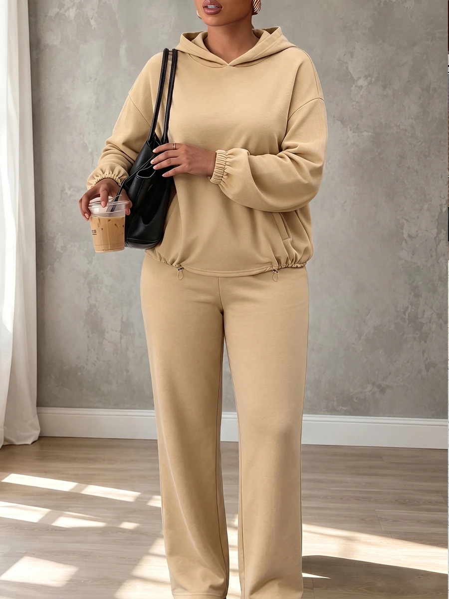 Elenzga Plus Size Women's Pocket Long Sleeve Hoodie And Pants Set Fall - Khaki - View 1