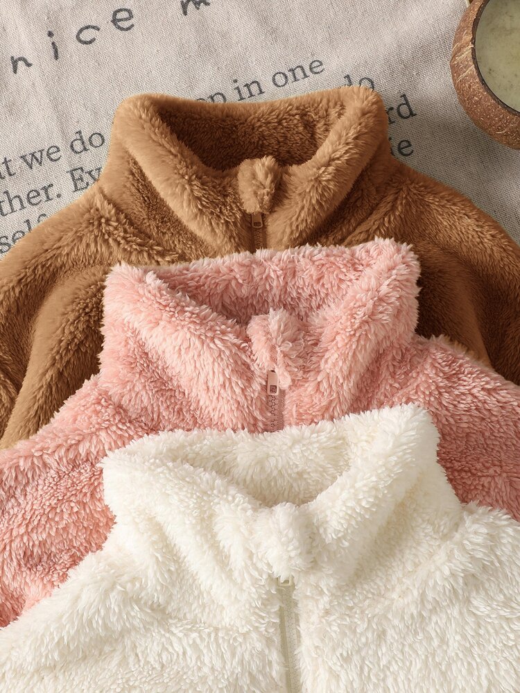 SHEIN 3pcs Young Girl Solid Color Stand Collar Half-Zip Fleece Cropped Sweatshirt Set,Double-Sided Autumn Winter Clothes For Soft Cute Plush And - Multicolor - View 3