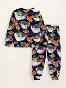 TOM & JERRY X SHEIN طقم كنزة رياضية بأكمام طويلة مطبوعة برسومات كرتونية وسروال ضيق للأولاد الصغار - أبيض - مشاهدة 3