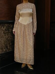 Livesso Women's Solid Color Patchwork Sequin Round Neck Long Sleeve Elegant Mid-Length Dress - Apricot - View 4