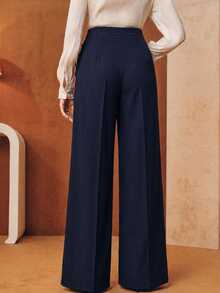 Anewsta Spring/Autumn Elegant High Waist Pleated Waistband Side Button Straight Leg Dress Pants, Suitable For Commute, Daily And Date - Navy Blue - View 7