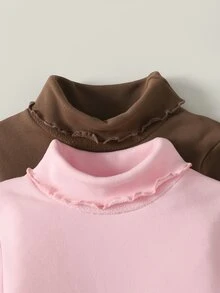 SHEIN Young Girl 2件組女童針織領休閒T恤冬衣，秋季女童上衣，適合日常休閒穿著 - 彩色 - 查看 3