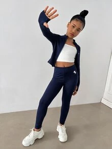 SHEIN 青少年女孩騎士印花前拉鍊長袖上衣與緊身褲運動套裝 - 藏蓝色 - 查看 6