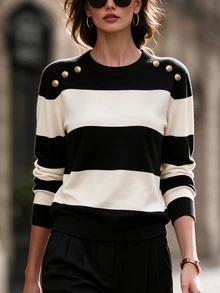 Balvessa Women's Autumn/Winter Striped Long Sleeve Sweater With Shoulder Button Design - Black - View 6