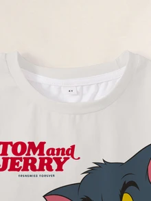 TOM & JERRY X SHEIN 新生兒字母卡通印花圓領短袖休閒T恤 - 白色 - 查看 3