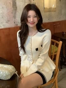 DAZY Women's French Style Button Ruffle Hem Sweater And Striped Knit Skirt 2 Pieces Set - Black and White - View 3