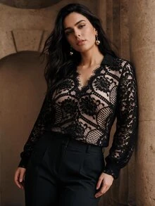 Cravure Plus Size Women's Autumn/Winter Asymmetric Lace Contrast Color Elegant Exquisite Casual Blouse - Black - View 1