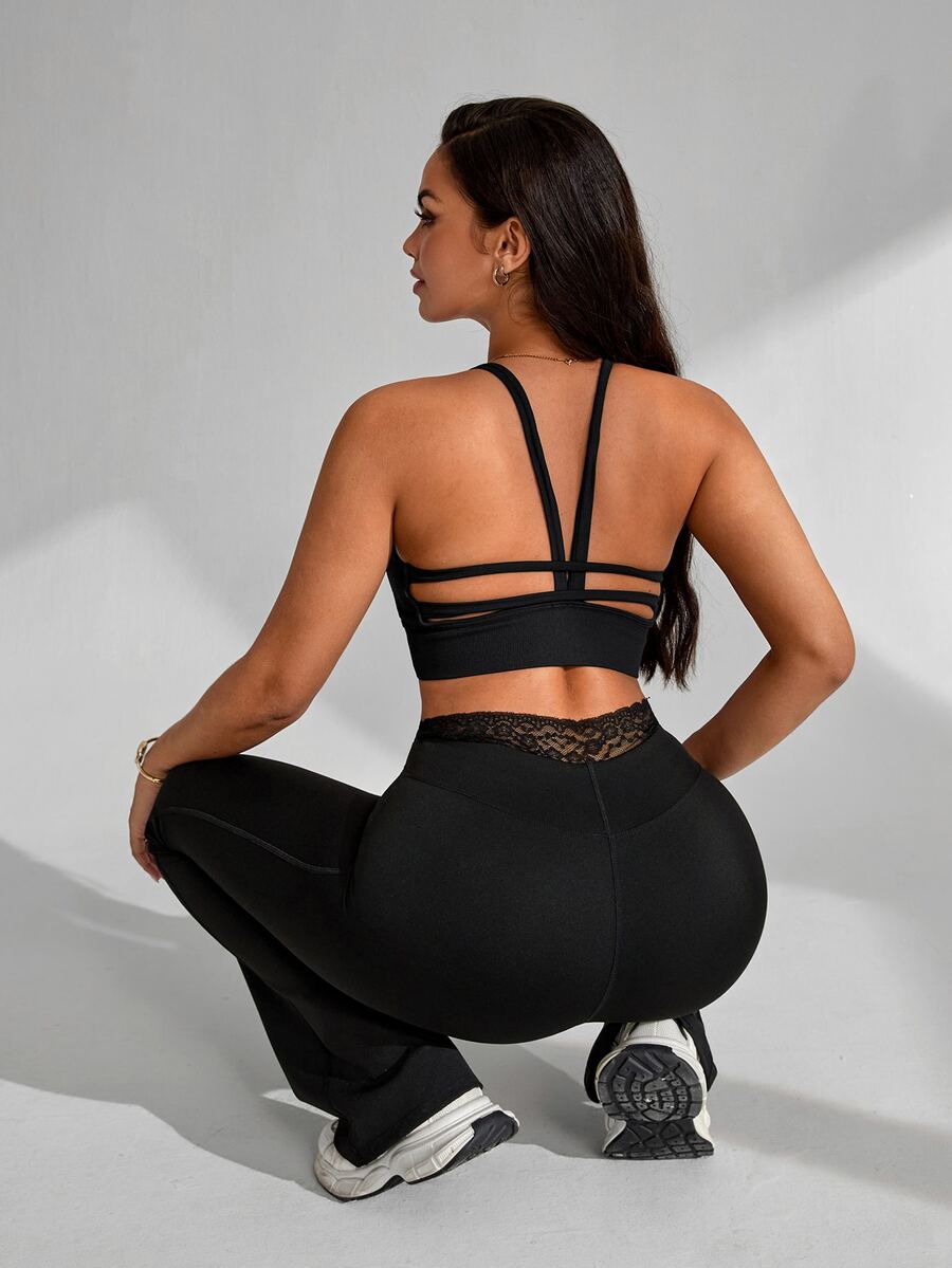 Slayform Women's Solid Color Contrast Lace Flare Leg Sports Pants - Black - View 1