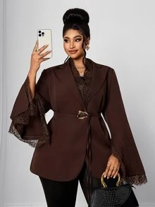 Maweii Plus Size Women's Lace Patchwork Metal Decor Commute Travel Long Sleeve Blazer - Brown - View 1
