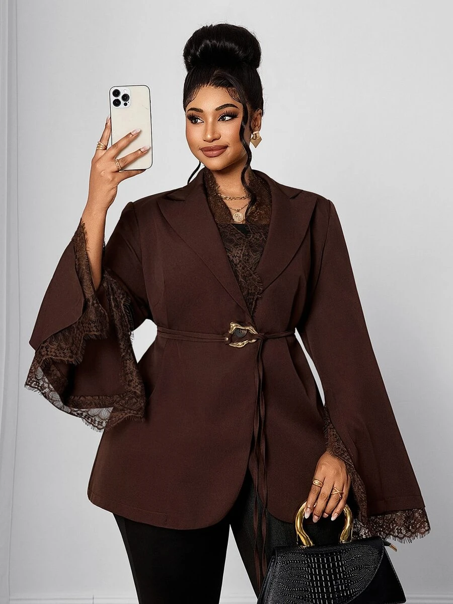 Maweii Plus Size Women's Lace Patchwork Metal Decor Commute Travel Long Sleeve Blazer - Brown - View 1