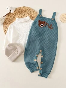 SHEIN 新生兒男嬰女嬰秋冬裝 卡其色針織連身衣 熊圖案手工刺繡吊帶褲毛衣，舒適時尚日常可愛復古經典百搭極簡百搭 - 綠色 - 查看 5