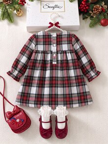 Souflis 1pc Toddler Girls Red Plaid Long Sleeve Doll Dress, Elegant Party Outfit, Holiday Clothing, 6 Months - 3 Years, Autumn Dress - Red and White - View 2