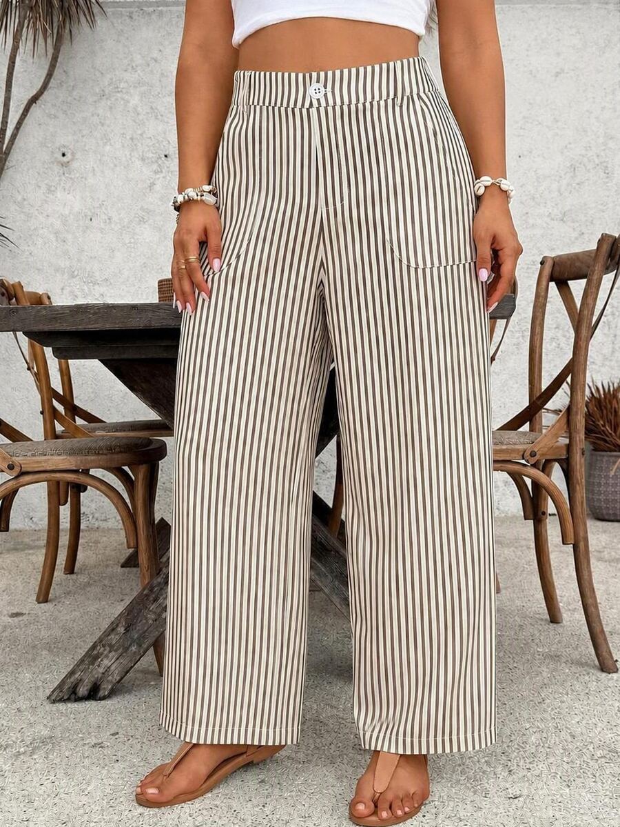 SHEIN VCAY Low Waist Striped Plus Size Women Casual Loose Wide Leg Pants - Multicolor - View 1