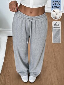 SHEIN Tall 舒適休閒純色針織寬腿女款運動長褲，棉混紡，舒適 - 灰色 - 查看 10