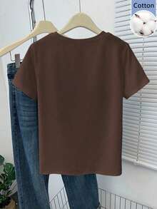 IslaSuriya Coffee Drink God Autumn Casual T-Shirt, Round Neck Embroidered Contrast Color Women's T-Shirt - Coffee Brown - View 2