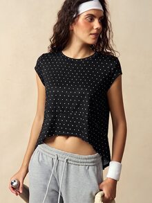 VARSIVA Women's Polka Dot Casual Daily Wear Sports T-Shirt - Black and White - View 3