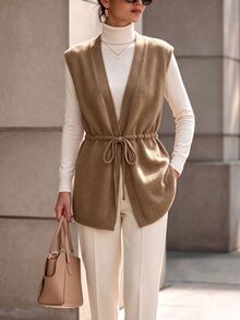 SHEIN Autumn/Winter New Casual Minimalist Solid Color V-Neck Drawstring Tie Mid-Length Knit Vest For Women, Casual Daily Commute Outfit - Khaki - View 1