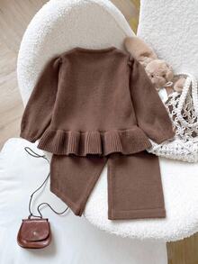 LMoss Kids Young Girl Knit Solid Kids Color Cute Bow Pattern Lace Trim Knit Top And Pants 2 Pieces Set, Suitable For Autumn/Winter - Brown - View 2