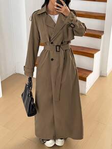 SHEIN EZwear 女款休閒法式優雅日常春秋款翻領雙排扣長版風衣 教師節辦公穿搭卡其色 - 棕色 - 查看 1