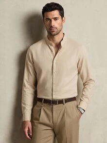 Lornavo Men's Solid Color Casual Versatile Daily Wear Shirt - Apricot - View 1