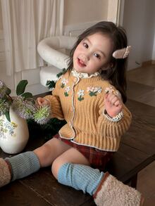 DAZY Infant/Toddler (Girl) Autumn/Winter Long Sleeve Colorblock 3D Korean Style Versatile Cardigan - Khaki - View 1