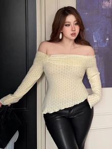 Dazy Plus Korean Style Off-Shoulder Ruffle Trim Long Sleeve T-Shirt For Girls Fall - Beige - View 8