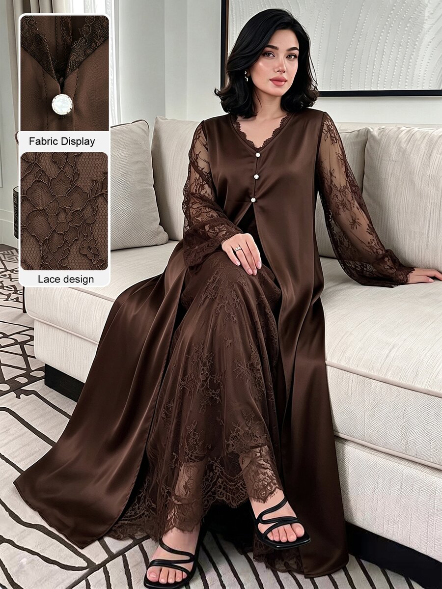 Al Najma Autumn/Winter V-Neck Lace Long Sleeve Inner Layer Lace 2 In 1 Elegant Elegant Fashionable Generous Women's Dress