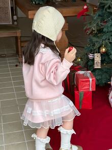 DAZY Infant/Toddler (Girl) Round Neck Lace Ruffle Trim Long Sleeve Comfortable Casual Sweatshirt Set, Autumn/Winter - Baby Pink - View 3