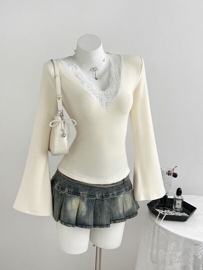 Elamini Autumn/Winter Deep V-Neck T-Shirt With Lace Trim And Flare Sleeves