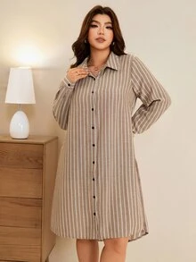 Edennvi 大尺碼女款優雅休閒條紋單排扣長袖襯衫洋裝，拼色不對稱極簡設計，適合日常穿著、通勤、約會、聚會與居家穿搭 - 卡其色 - 查看 5