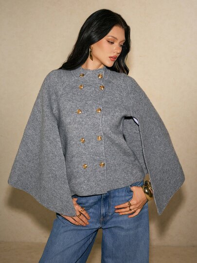Poéselle Women's Solid Color Casual Versatile Daily Wear Cardigan,Dark Grey High-Neck Double-Breasted Cape Sweater,Women Fall Winter Sweater,