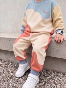 Boys 2Pcs Sweatshirt Set, Digital Print Crew Neck Long Sleeve Top & Sweatpants, Deep Blue Apricot Brown Color Block, Autumn Winter Casual Outfit - Multicolor - View 1