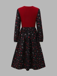 Teen Girls Fall Dresses Pastoral Style Navy Blue Patchwork Floral Long Sleeve Dress, Ribbed Waist, Puff Sleeves - Red - View 2