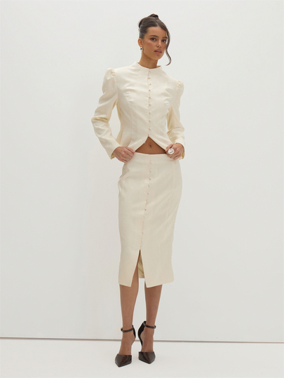 MUSEYN Cream Satin Jacquard Button Front Detail Split Midi Skirt Versatile Evening Date Night Chic New Season Fall