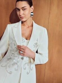 MOTF PREMIUM WOMEN'S HEAVY EMBROIDERY LAPEL DEEP V-NECK DOUBLE-BREASTED LIGHT CEREMONIAL BLAZER, AUTUMN/WINTER - Beige - View 7