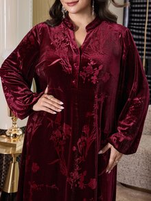 Al Najma Plus Size Women's Jacquard Button Half-Placket Arabic Style Dress - Burgundy - View 5