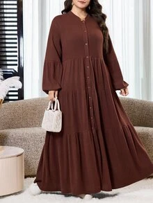 Al Najma Plus Size Women's Button Long Sleeve Arabian Dress - Coffee Brown - View 4