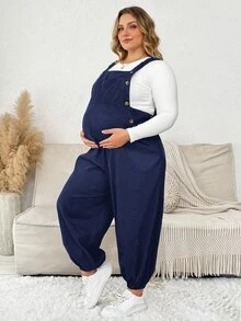 Plussiva Plus Maternity Solid Button Detail Overall Without Tee Photoshoot Summer Maternity Going Out - Navy Blue - View 5