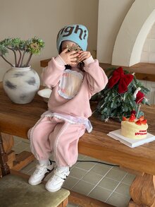 Dazy Kids Infant (Girl) Round Neck All-Over Heart Print Korean Style Long Sleeve Sweatshirt Set - Baby Pink - View 8
